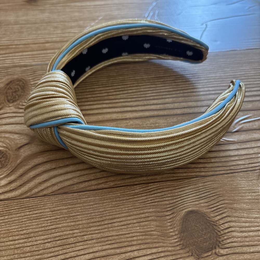 Lele Sadoughi Gold Metallic Pleated & Knotted Headband Teal trim Wide Puffy
